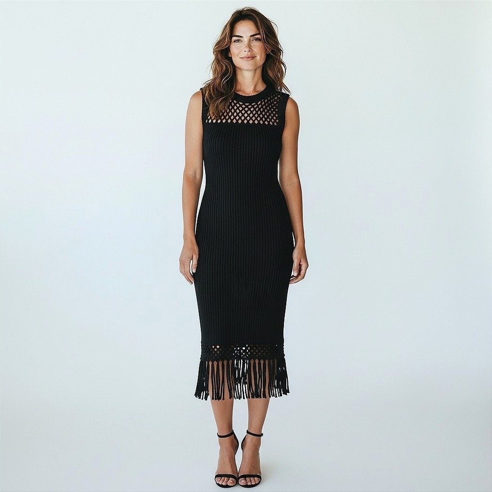 Amour Vert Black Knit Dress‎ Sleeveless Fringe Bodycon Minimalist Sustainable S